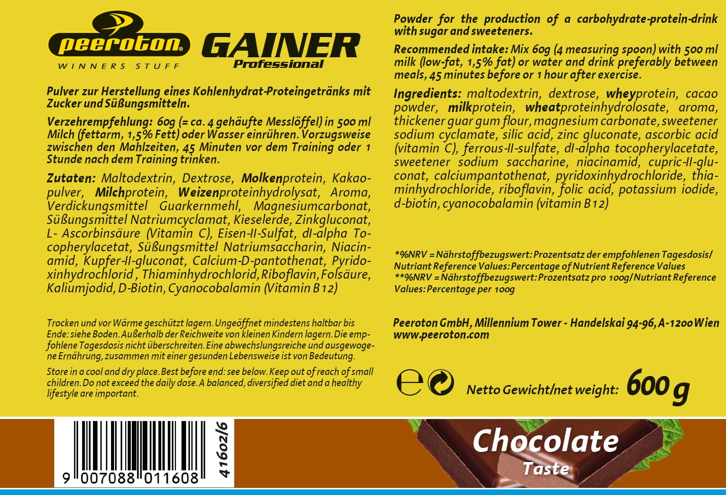 peeroton-gainer-shake-schoko-600g-protein-kohlenhydrat-drink image 2
