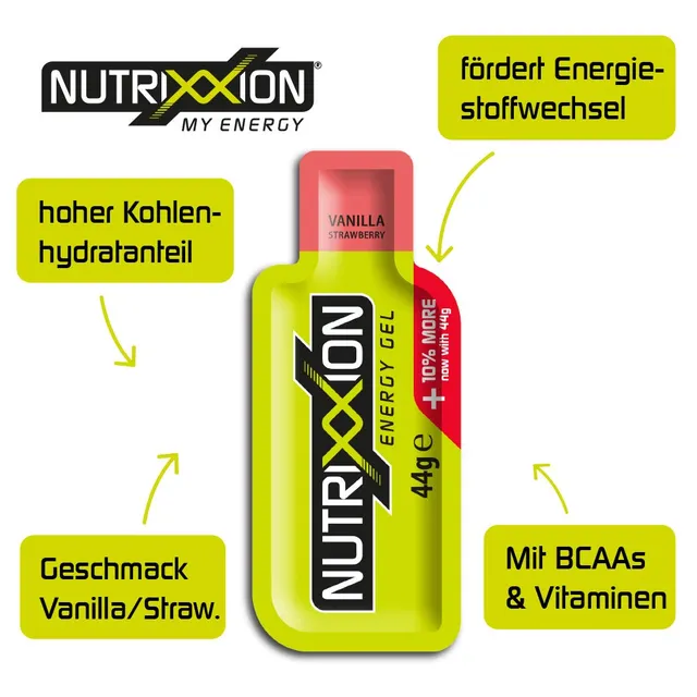 nutrixxion-energy-gel-sport-bcaa-shot-high-carb-liquid-5x44g-vanilla-strawberry image 1