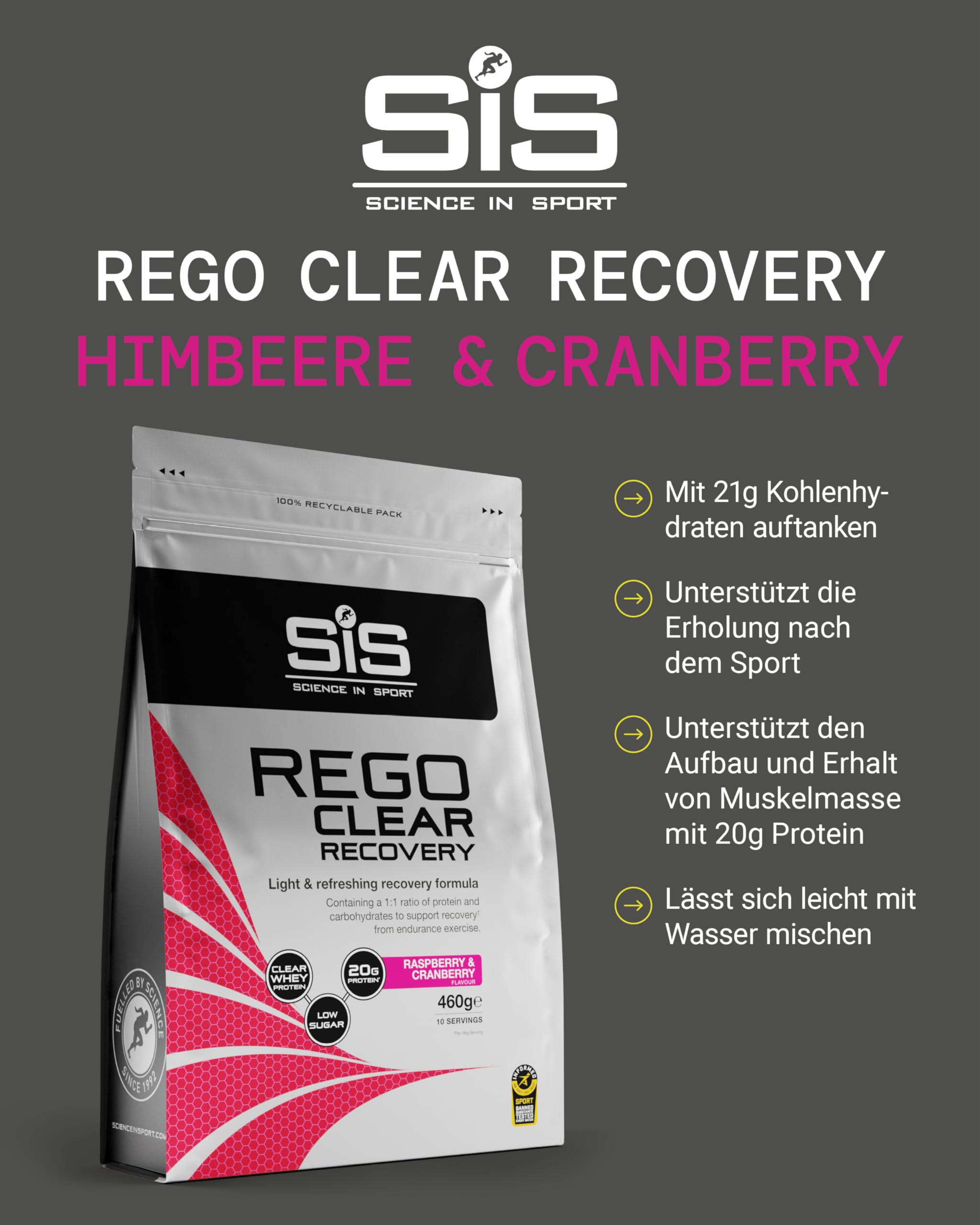 science-in-sport-rego-clear-recovery-pulver-460g-himbeere-cranberry image 2