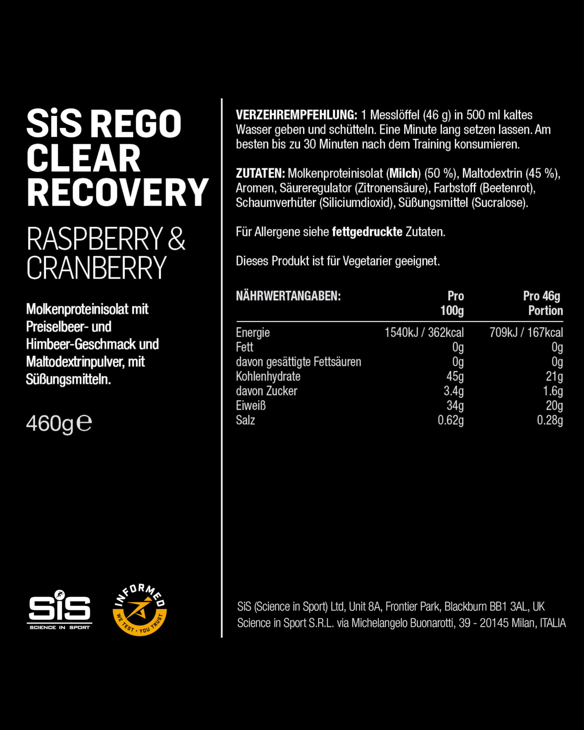 science-in-sport-rego-clear-recovery-pulver-460g-himbeere-cranberry image 5